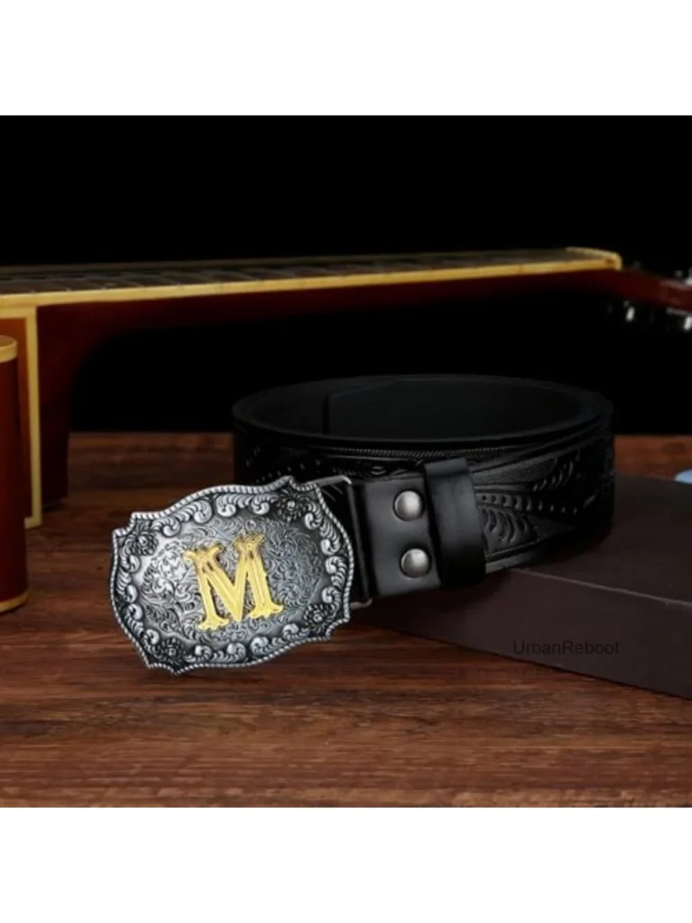 Men's Faux Leather Cowboy Belt with Gold Big Buckle - Western Style